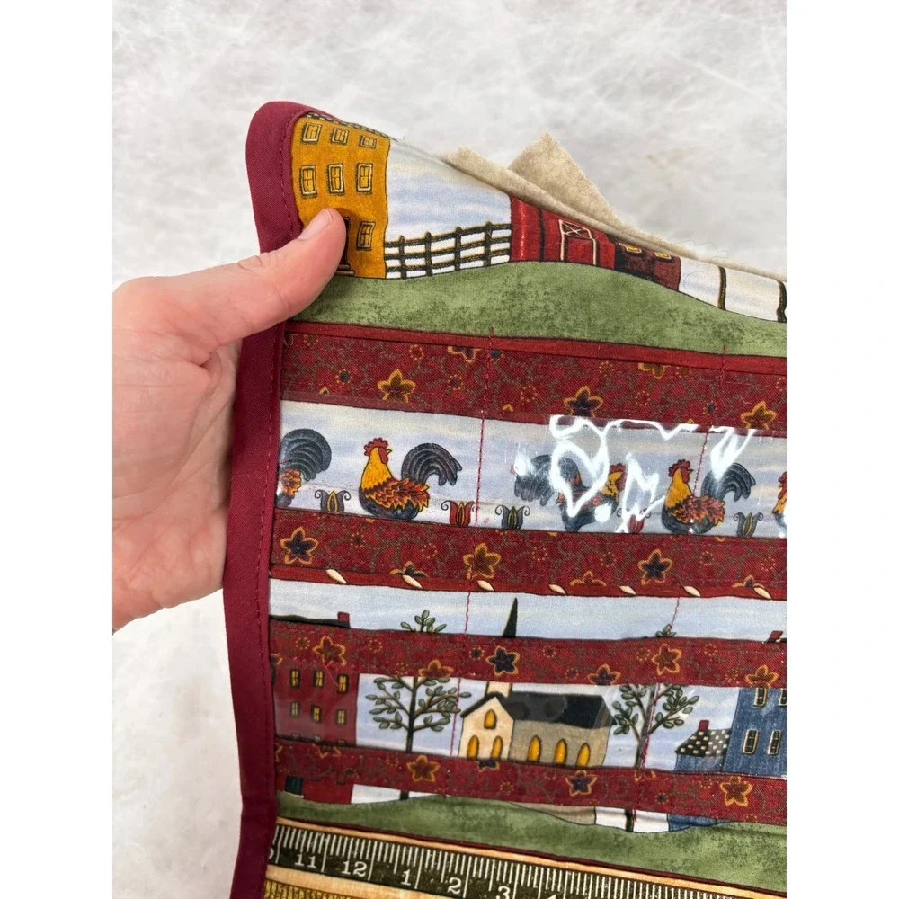 Vintage Handmade Quilted Sewing Organizer Folk Art Village Sheep Rooster Clutch